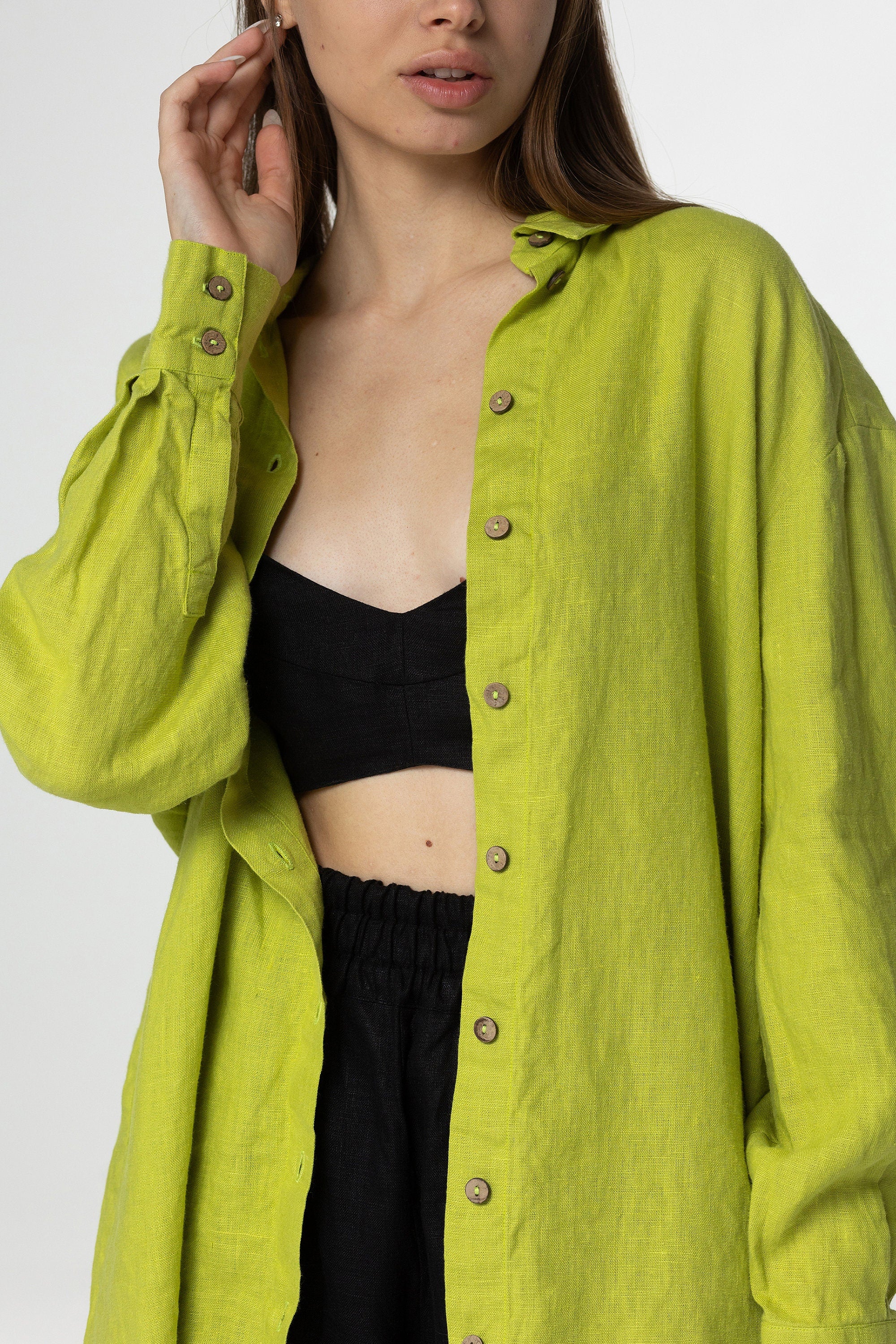 Lime long sleeve linen shirt Kaia Casual oversized button down blouse Loose linen blouse Coconut buttons Mom gift Custom sizes