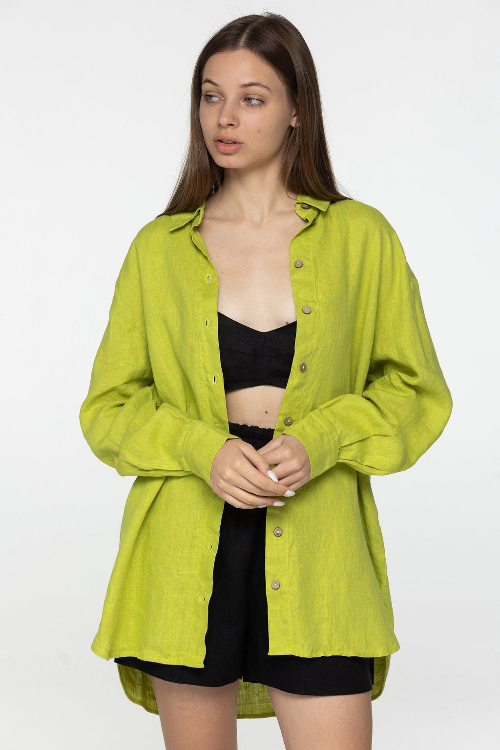 Lime long sleeve linen shirt Kaia Casual oversized button down blouse Loose linen blouse Coconut buttons Mom gift Custom sizes