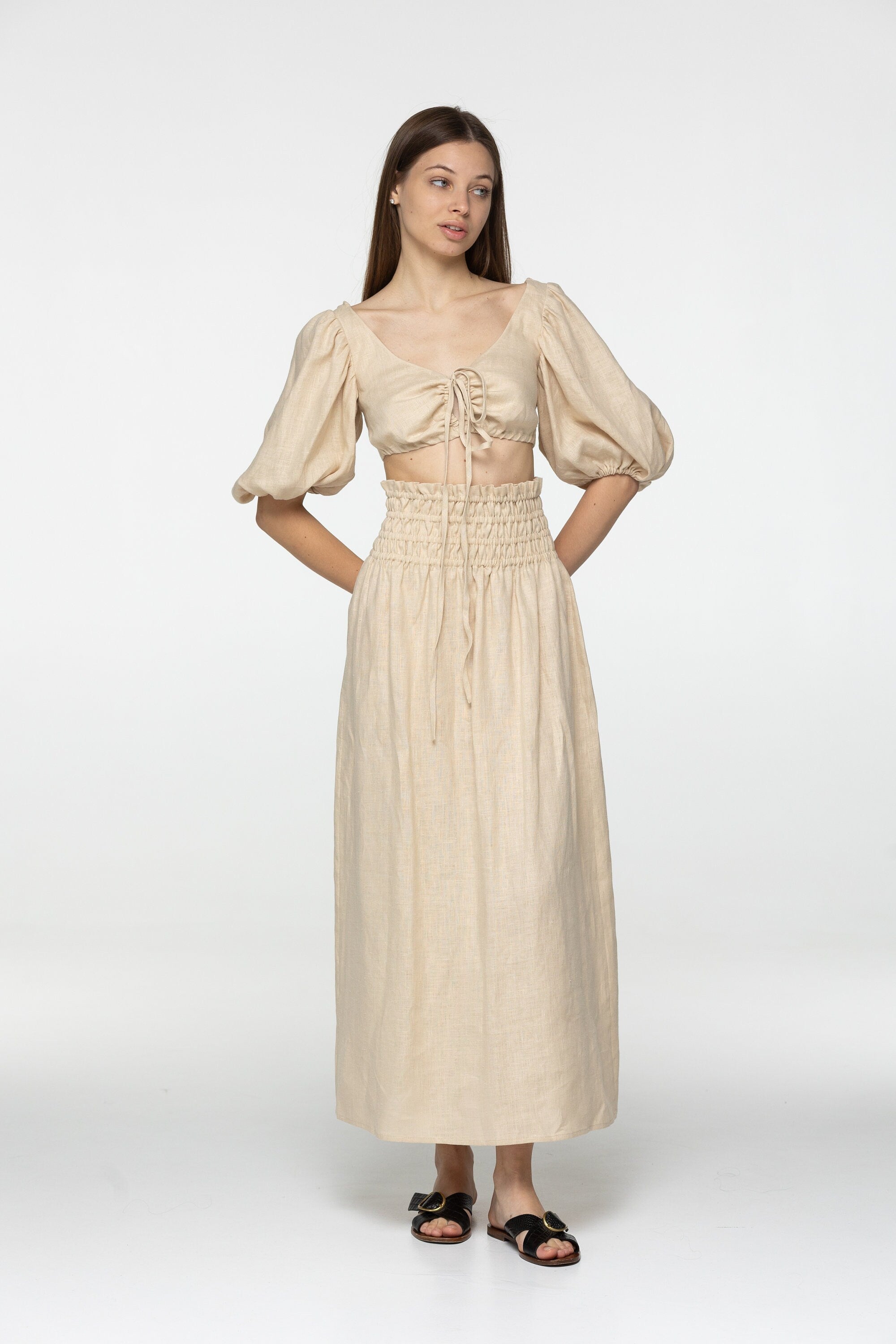 Loose Oat linen maxi skirt Kiara Wide comfortable elastic waistband High waist romantic linen skirts with slit Custom Plus size