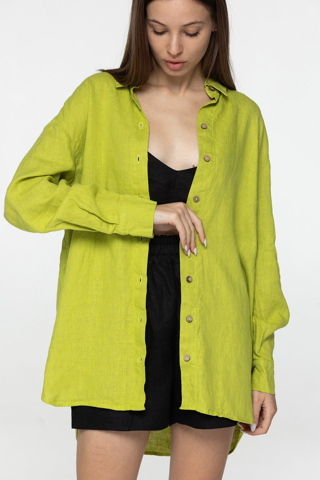 Lime long sleeve linen shirt Kaia Casual oversized button down blouse Loose linen blouse Coconut buttons Mom gift Custom sizes