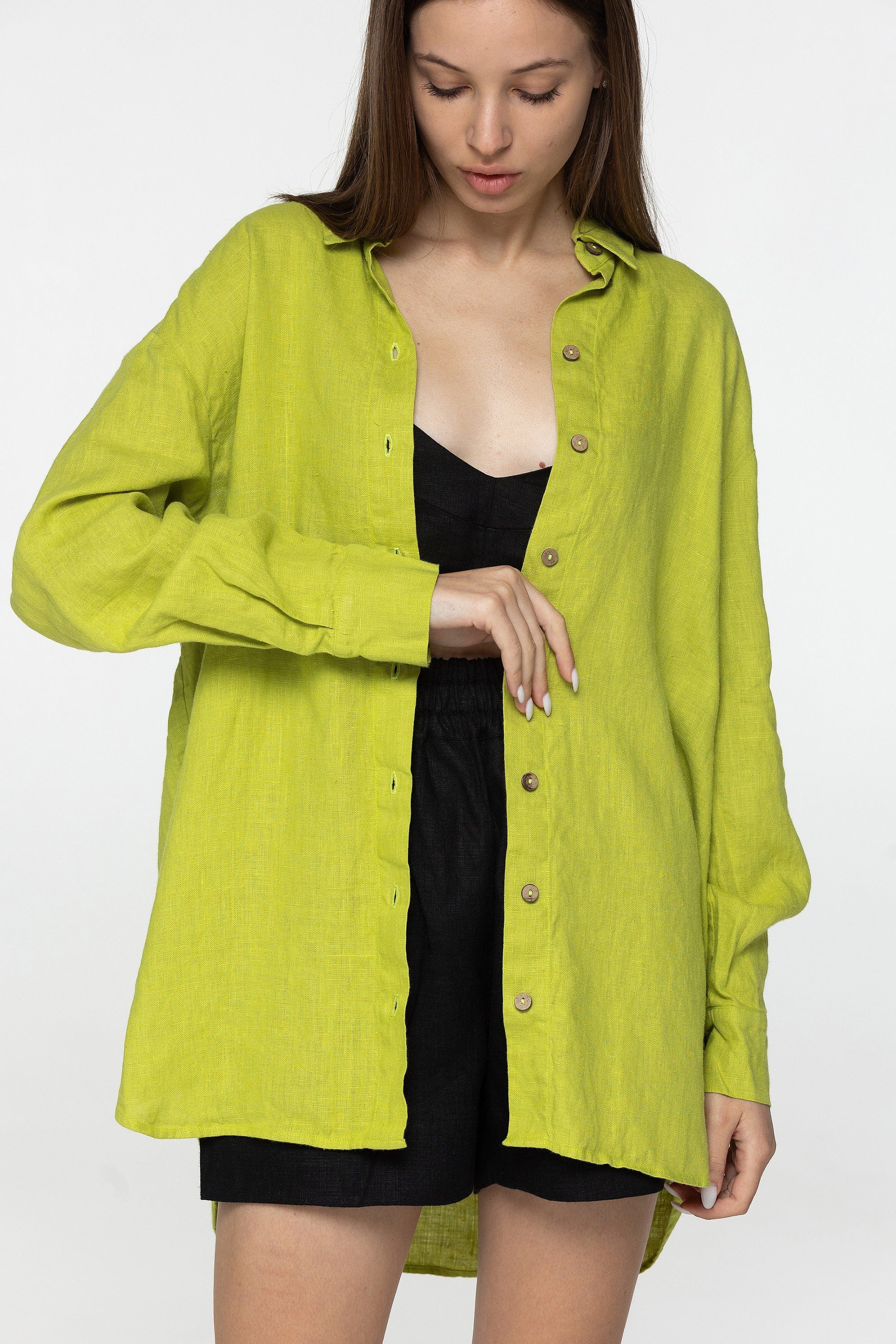 Lime long sleeve linen shirt Kaia Casual oversized button down blouse Loose linen blouse Coconut buttons Mom gift Custom sizes