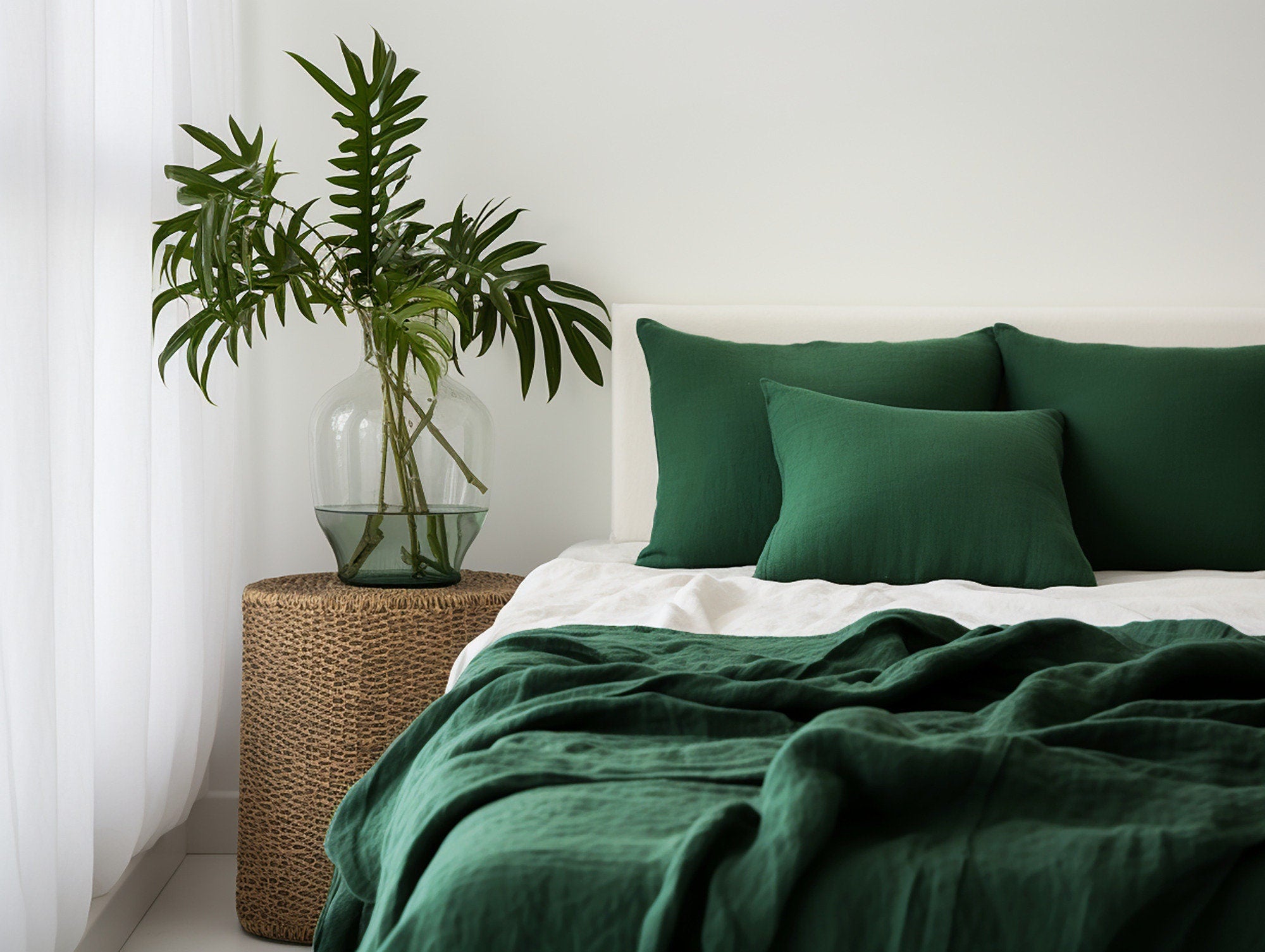 READY TO SHIP Forest green softened linen coverlet Medium weight Green bed cover Twin blanket Emerald green bed throw