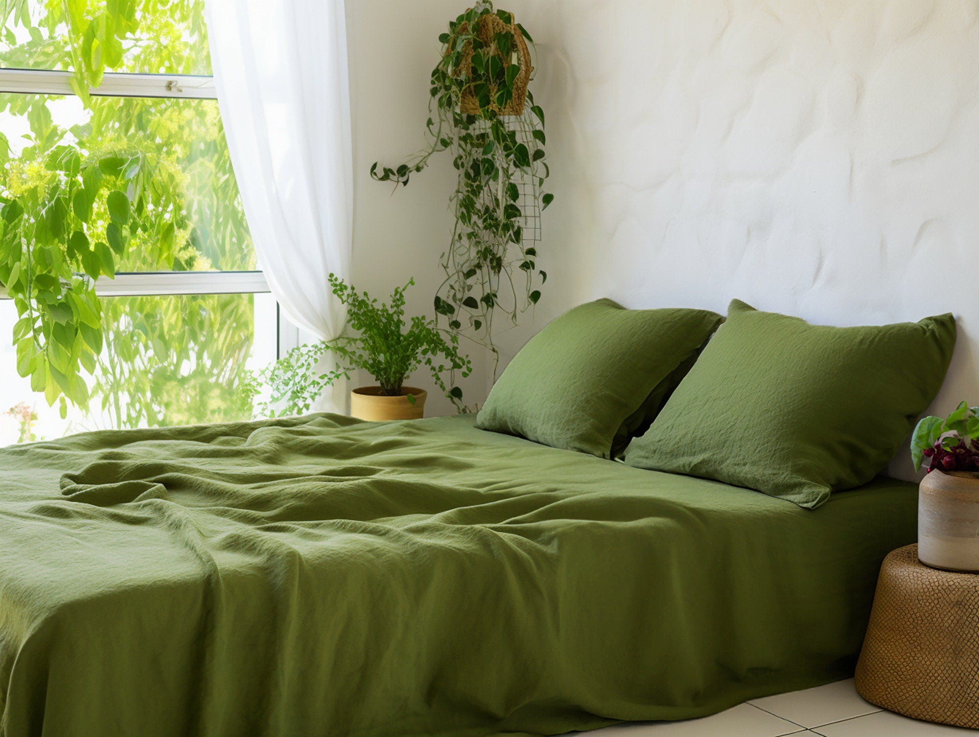 PRÊT À EXPÉDIER Drap plat en lin olive 1 Drap plat Drap en lin adouci Lin lavé Drap de lit en lin Décoration de ferme