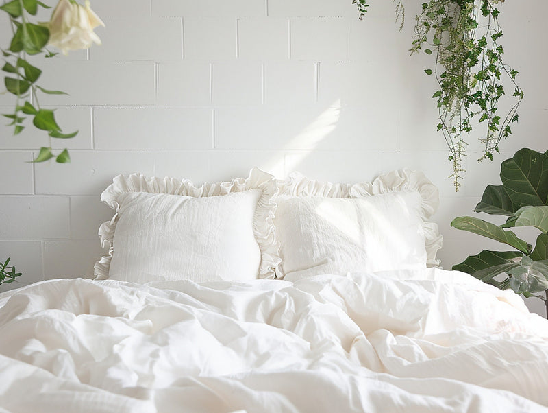 White linen triple ruffled duvet cover 1 duvet cover Softened linen White comforter cover Coconut buttons Hidden closure Zipper