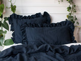 Navy linen triple ruffled bedding set Duvet cover and 2 pillowcases with three ruffles Softened linen Comforter cover set Quilt cover set