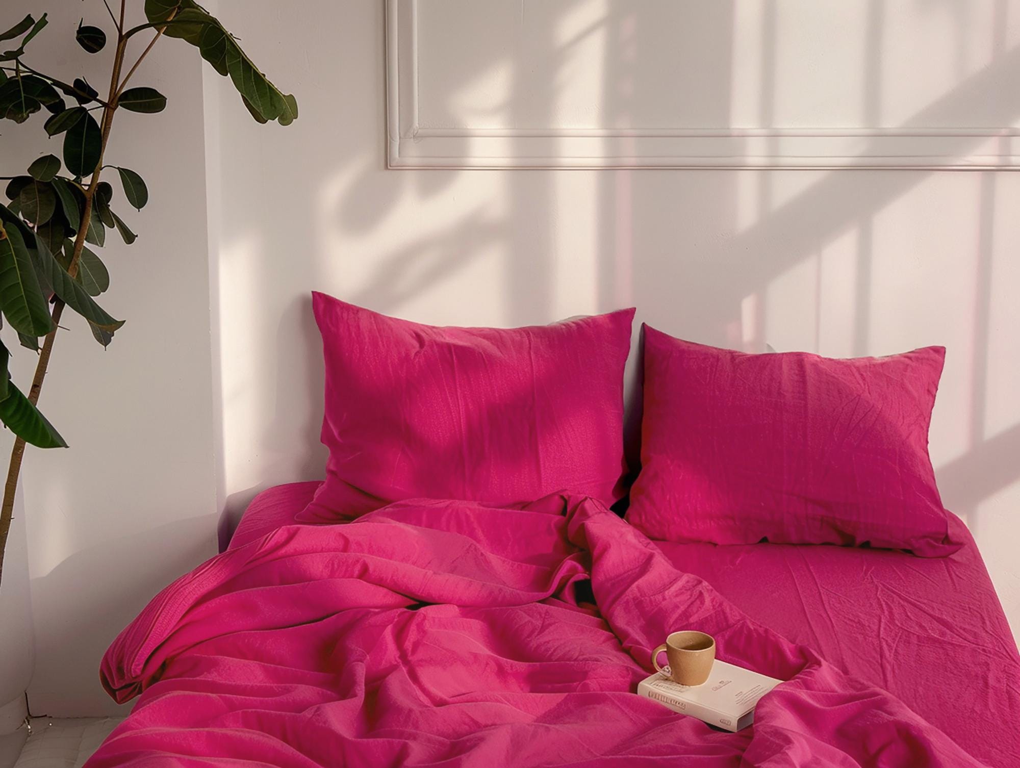 Prêt à être expédié Housse de couette en lin fuchsia 1 housse de couette Lin adouci Housse de couette Fermeture dissimulée