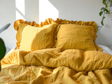 Turmeric linen triple ruffled bedding set Duvet cover and 2 pillowcases with ruffles Softened linen Comforter cover set Quilt cover set