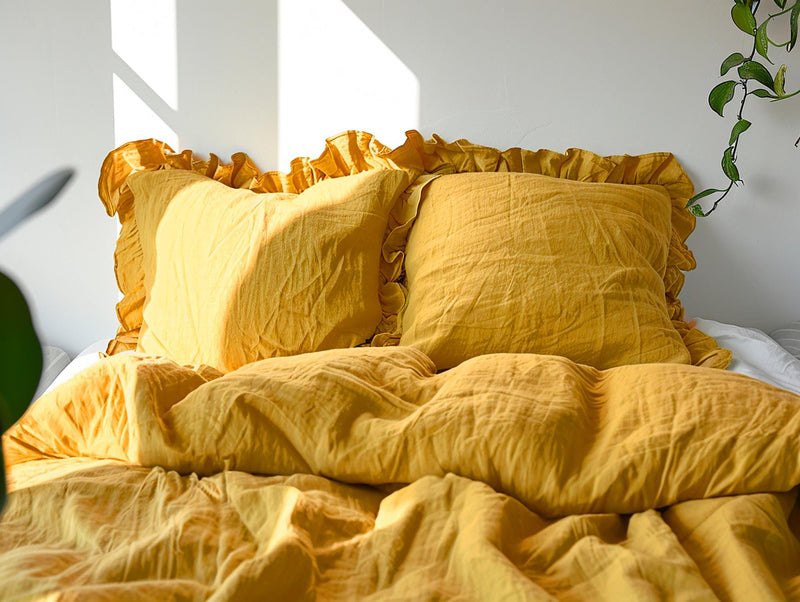 Turmeric linen triple ruffled bedding set Duvet cover and 2 pillowcases with ruffles Softened linen Comforter cover set Quilt cover set