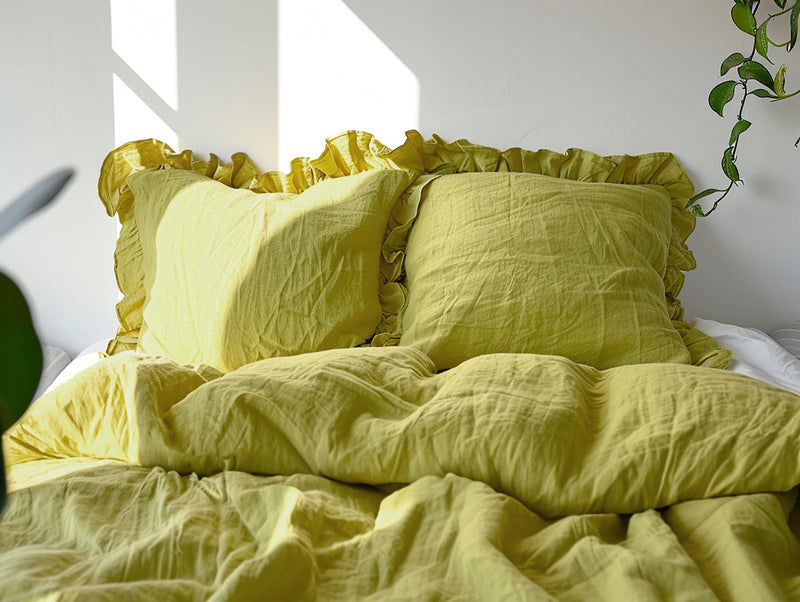 Chartreuse yellow linen double ruffled bedding set Duvet cover and 2 pillowcases with two ruffles linen cover set Quilt cover set