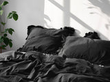 Black linen double ruffled bedding set Duvet cover and 2 pillowcases with two ruffles Softened linen Comforter cover set Quilt cover set