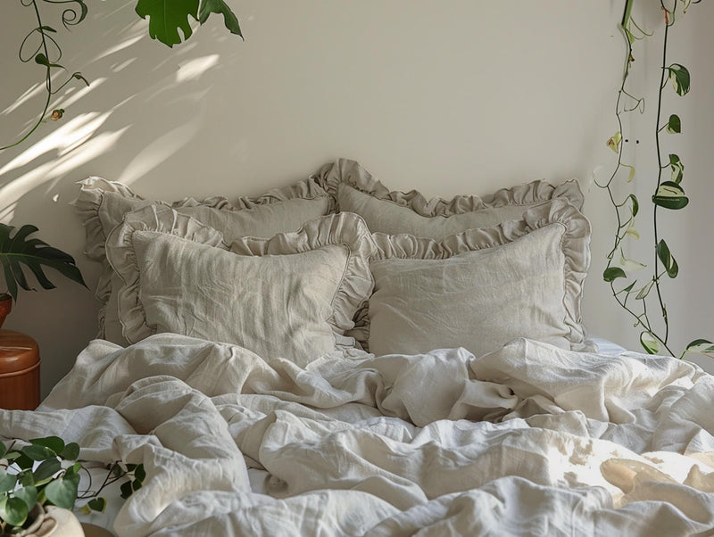 Undyed linen double ruffled duvet cover 1 duvet cover Softened linen Oat comforter cover with two ruffles Ruffled linen duvet cover