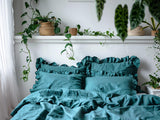 Teal linen double ruffled duvet cover 1 duvet cover Softened linen Blue comforter cover with two ruffles Ruffled linen duvet cover