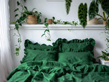 Forest green linen double ruffled duvet cover 1 duvet cover Softened linen Emerald cover with two ruffles Ruffled linen duvet cover
