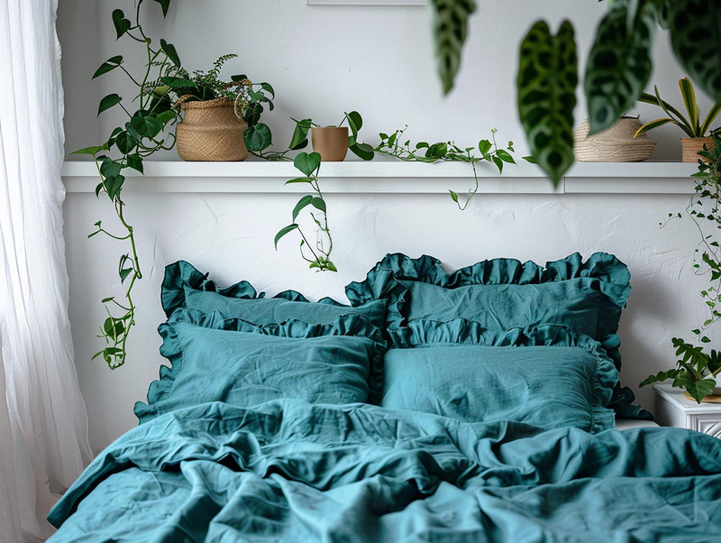 Teal linen triple ruffled duvet cover 1 duvet cover Softened linen Dark blue comforter cover Coconut buttons Hidden closure Zipper