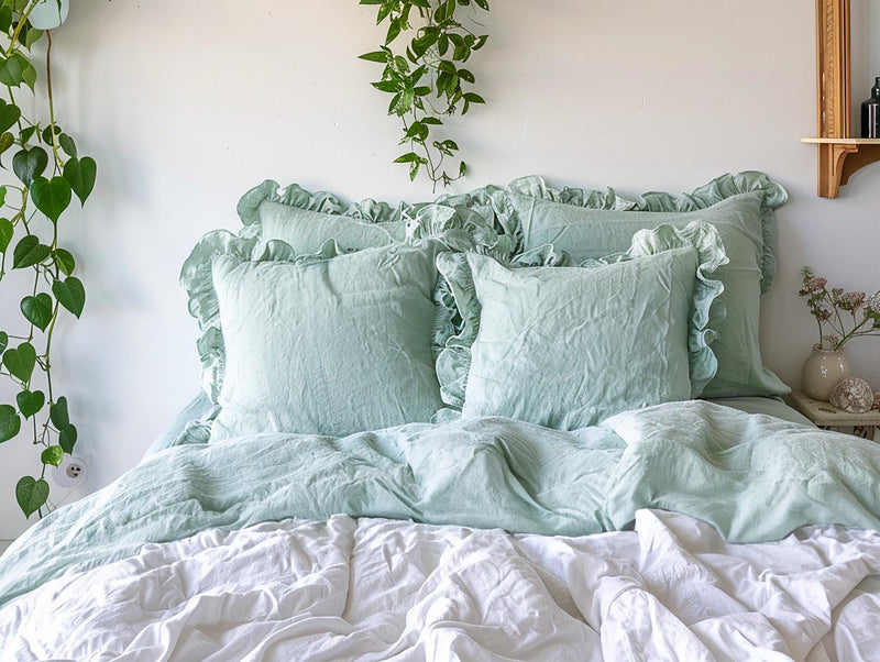 Sea glass linen triple ruffled duvet cover 1 duvet cover Softened linen light blue comforter cover Coconut buttons Hidden closure Zipper