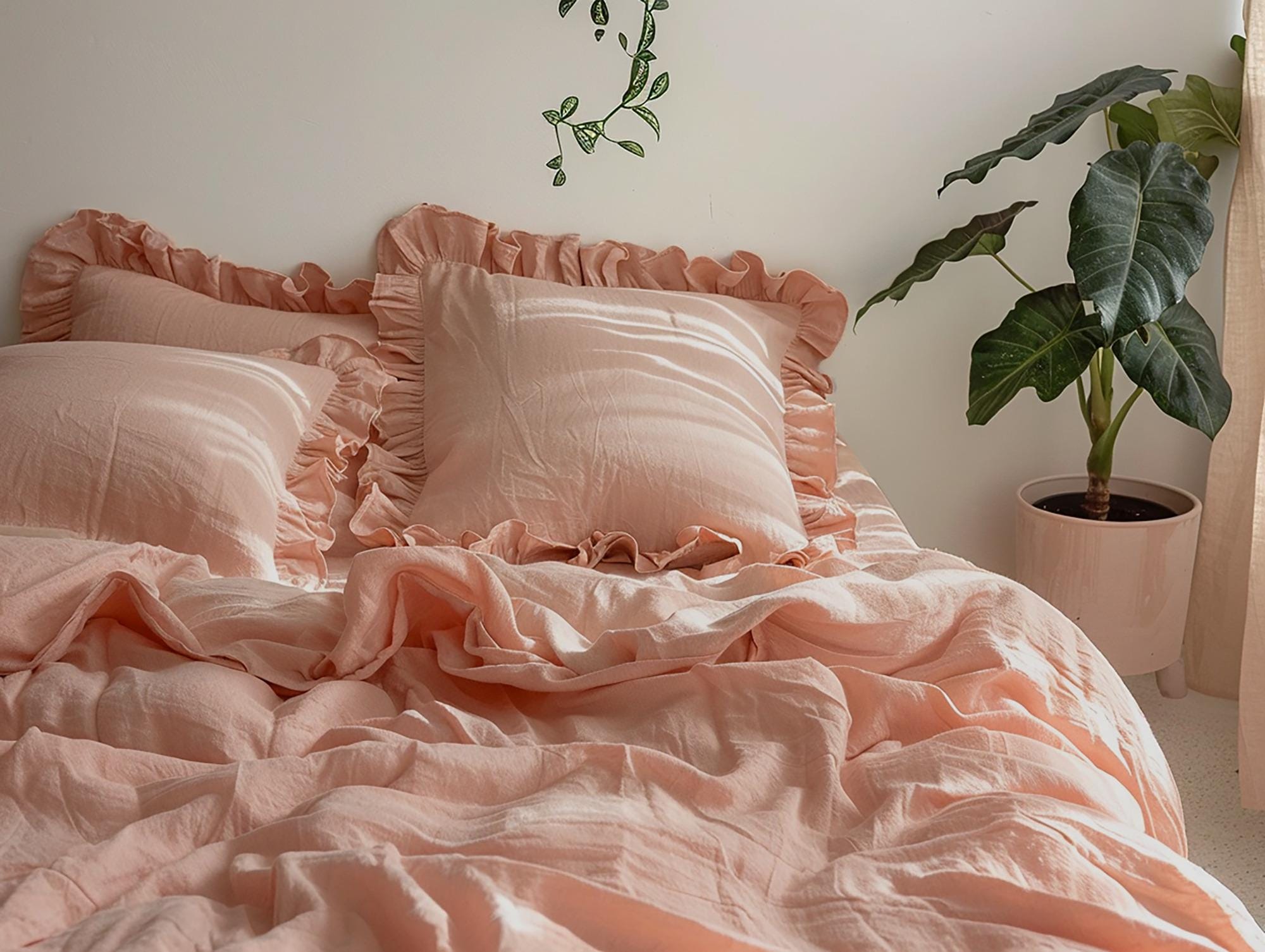Peach linen triple ruffled duvet cover 1 duvet cover Softened linen sunset pink comforter cover Coconut buttons Hidden closure Zipper