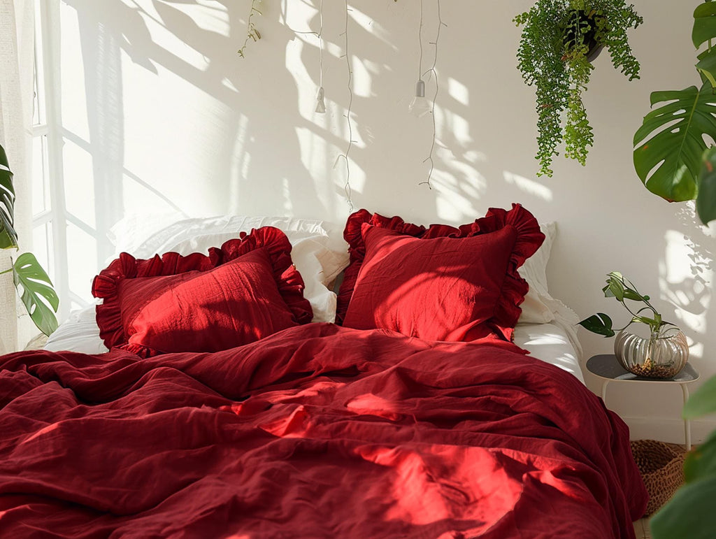 Maroon linen triple ruffled duvet cover 1 duvet cover Softened linen Red comforter cover Coconut buttons Hidden closure Zipper