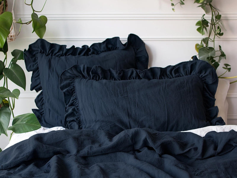 Navy linen double ruffled duvet cover 1 duvet cover Softened linen Dark blue comforter cover with two ruffles Ruffled linen duvet cover