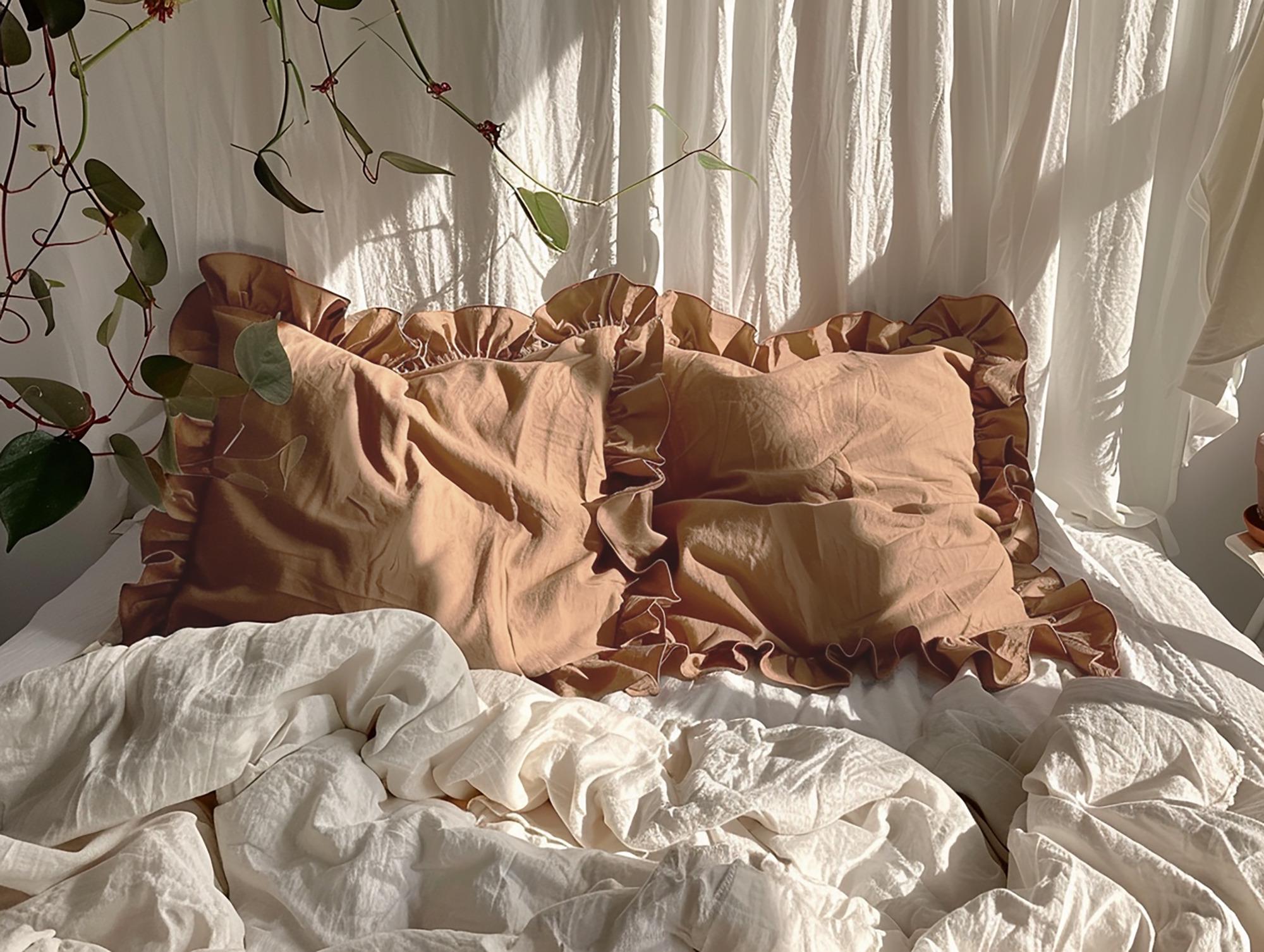 Clay linen double ruffled duvet cover 1 duvet cover Softened linen Caramel cover with two ruffles Ruffled linen duvet cover