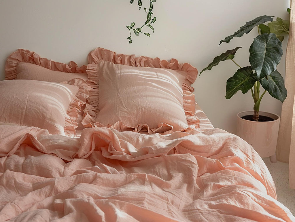 Peach linen double ruffled duvet cover 1 duvet cover Softened linen sunset pink cover with two ruffles Ruffled linen duvet cover