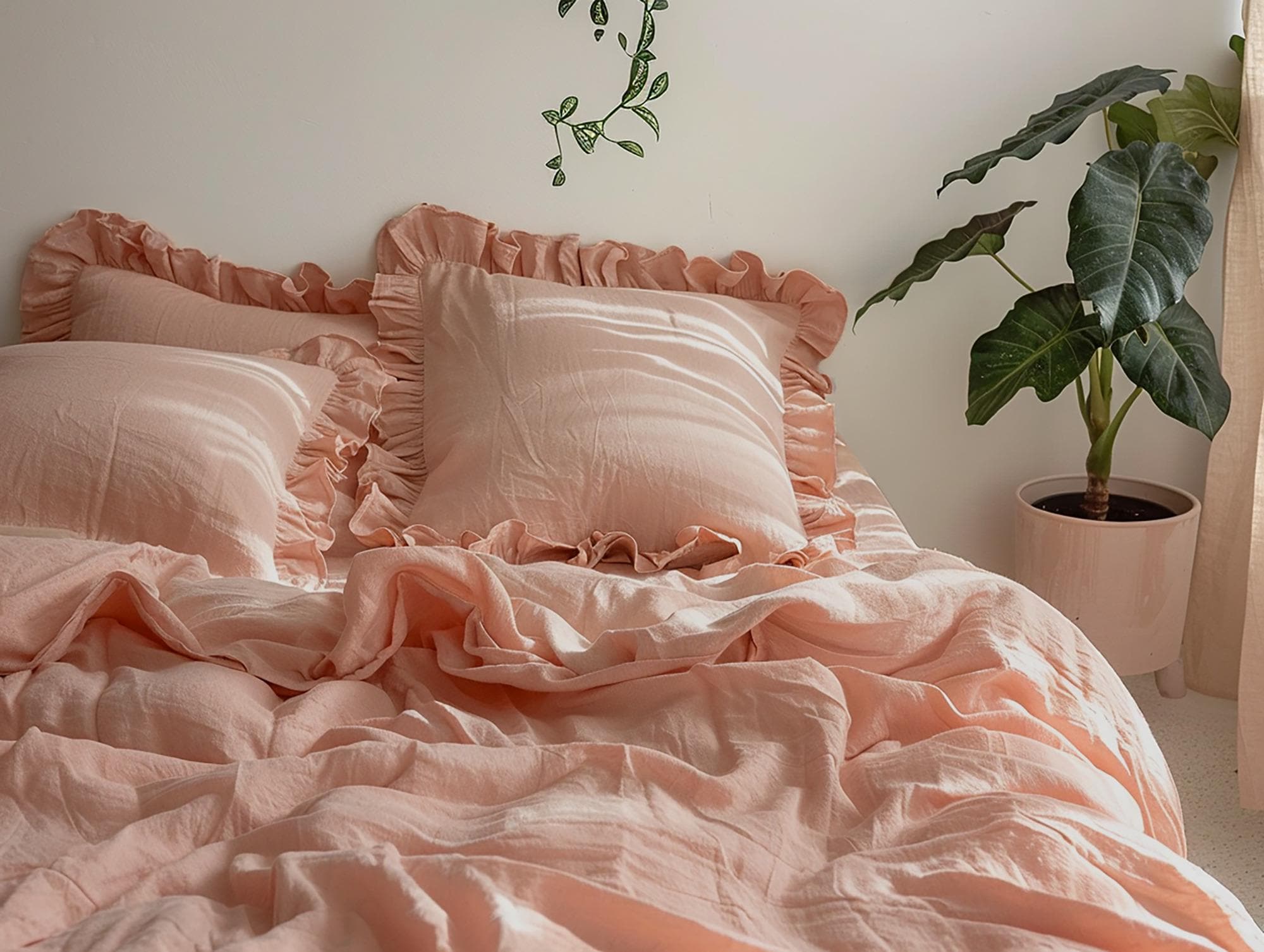 Peach linen double ruffled duvet cover 1 duvet cover Softened linen sunset pink cover with two ruffles Ruffled linen duvet cover