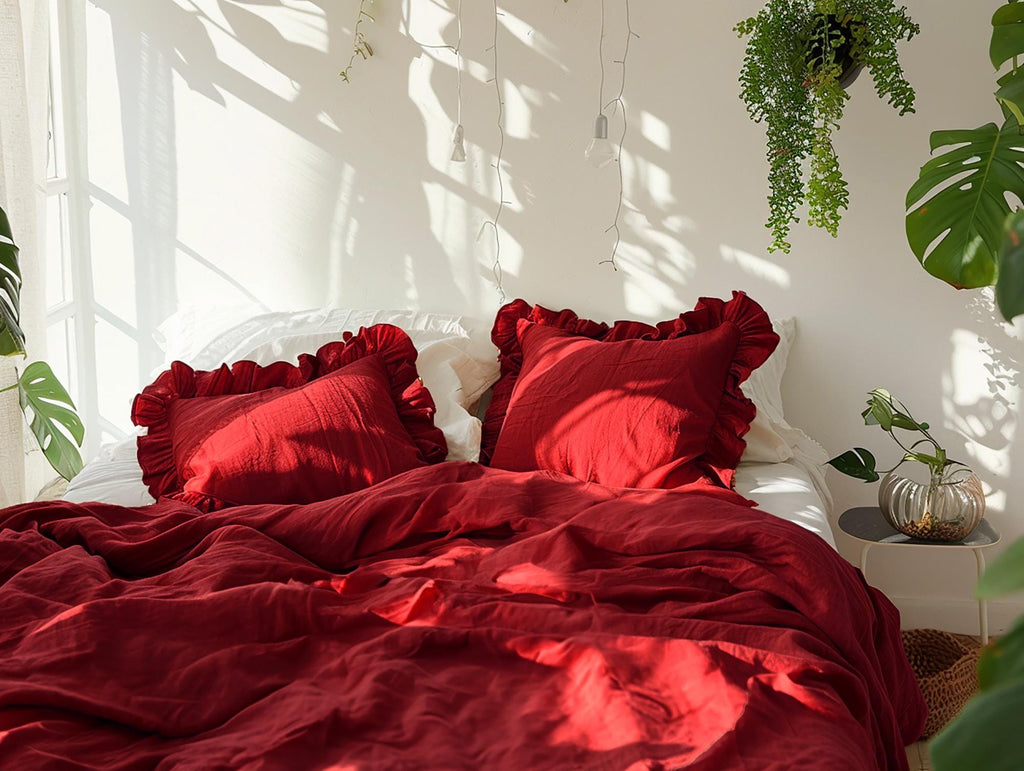 Maroon linen double ruffled duvet cover 1 duvet cover Softened linen Red cover with two ruffles Ruffled linen duvet cover