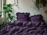Deep purple linen double ruffled duvet cover 1 duvet cover Softened linen purple cover with two ruffles Ruffled linen duvet cover