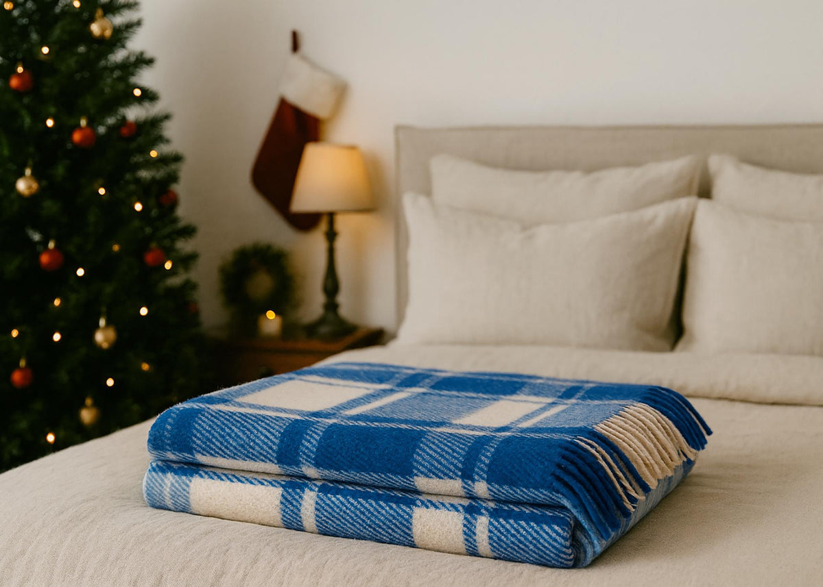 Blue and white New Zealand wool tartan blanket