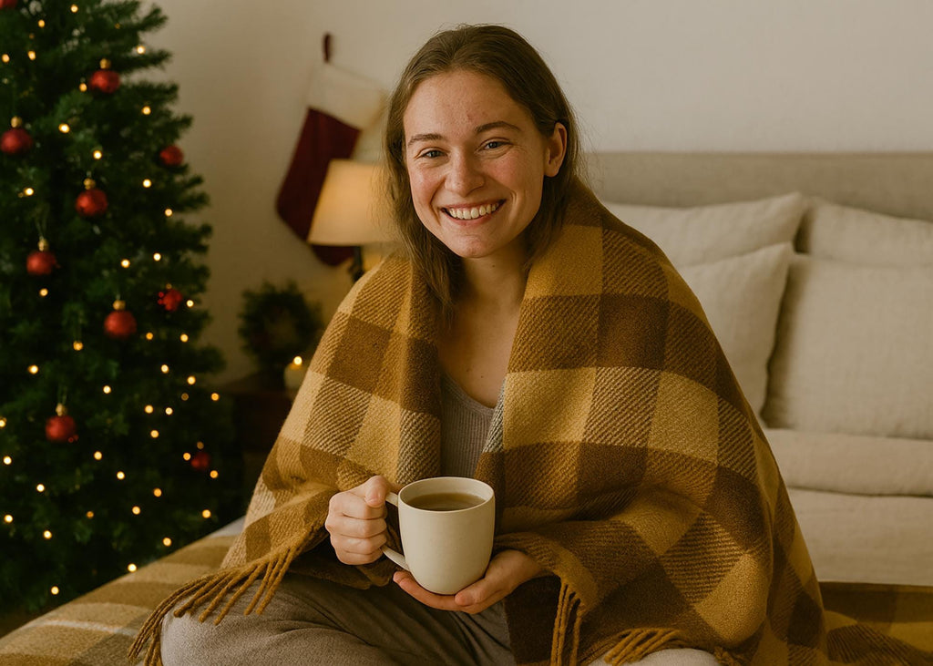 Brown and beige New Zealand wool tartan blanket