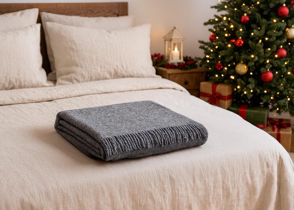 Dark gray plaid merino wool blanket