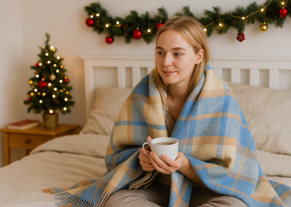 Blue and beige half wool tartan blanket