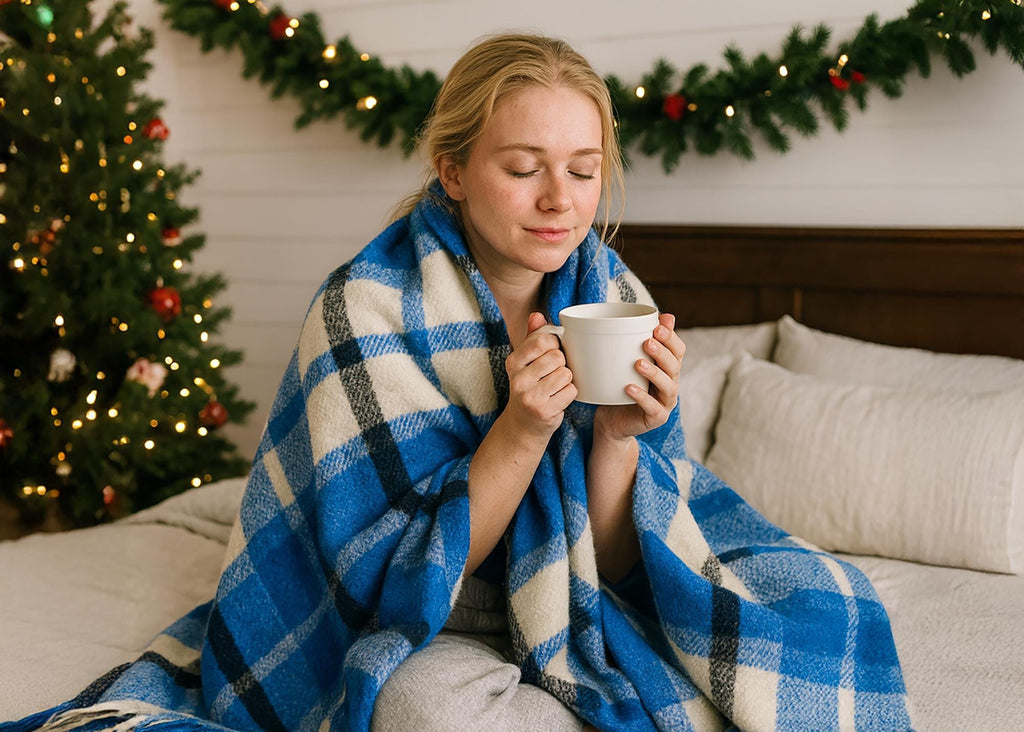 Blue and white half wool tartan blanket