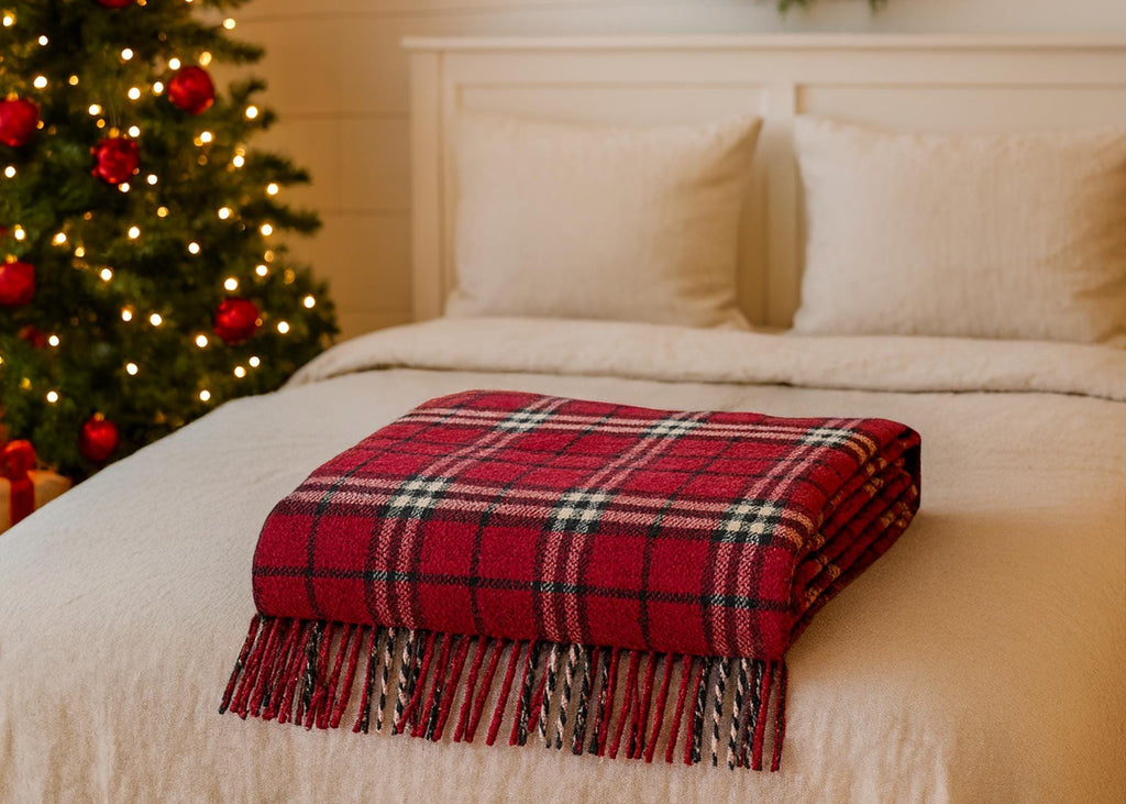 Red and white half wool tartan blanket
