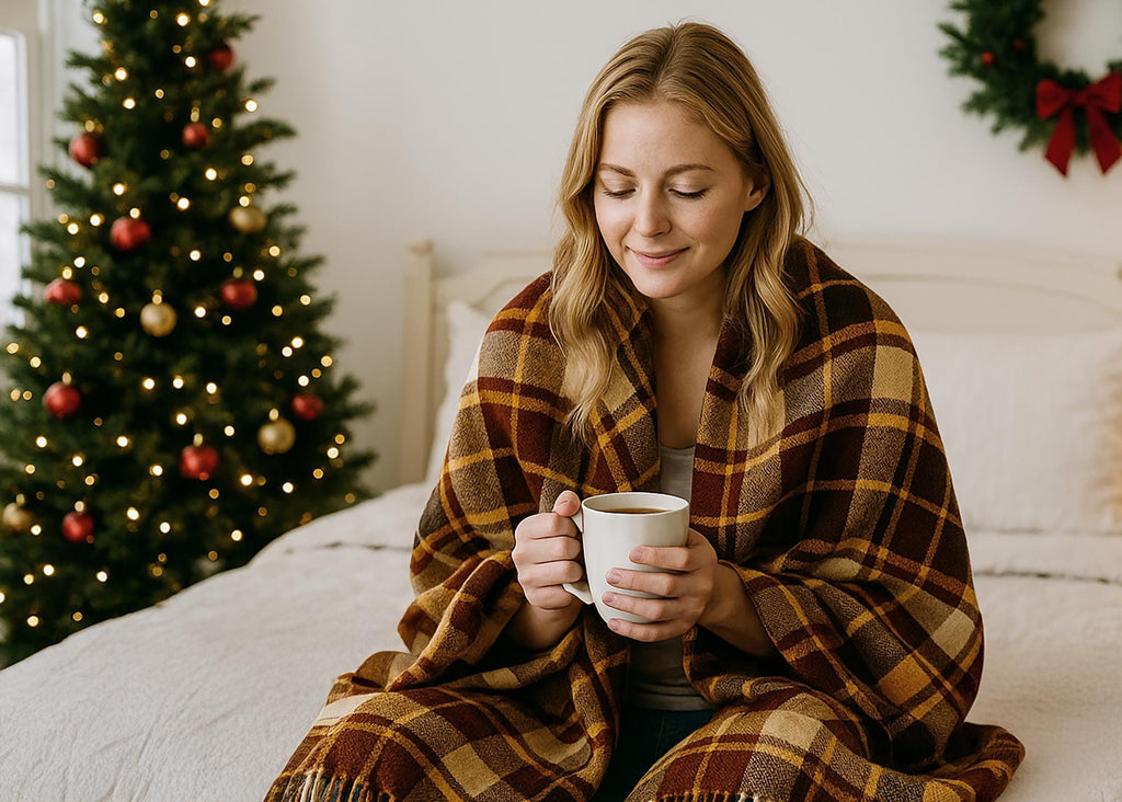 Brown and mustard New Zealand wool tartan blanket