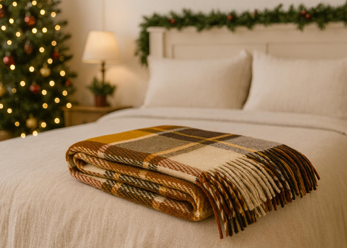 Brown and mustard New Zealand wool tartan blanket