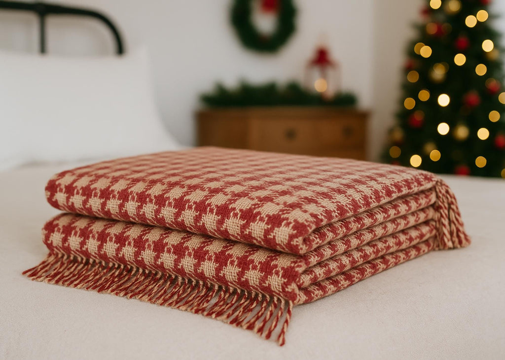 Beige and red houndstooth merino wool blanket