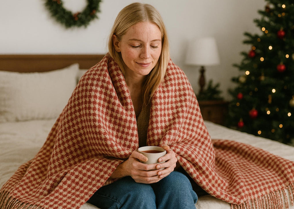 Beige and red houndstooth merino wool blanket