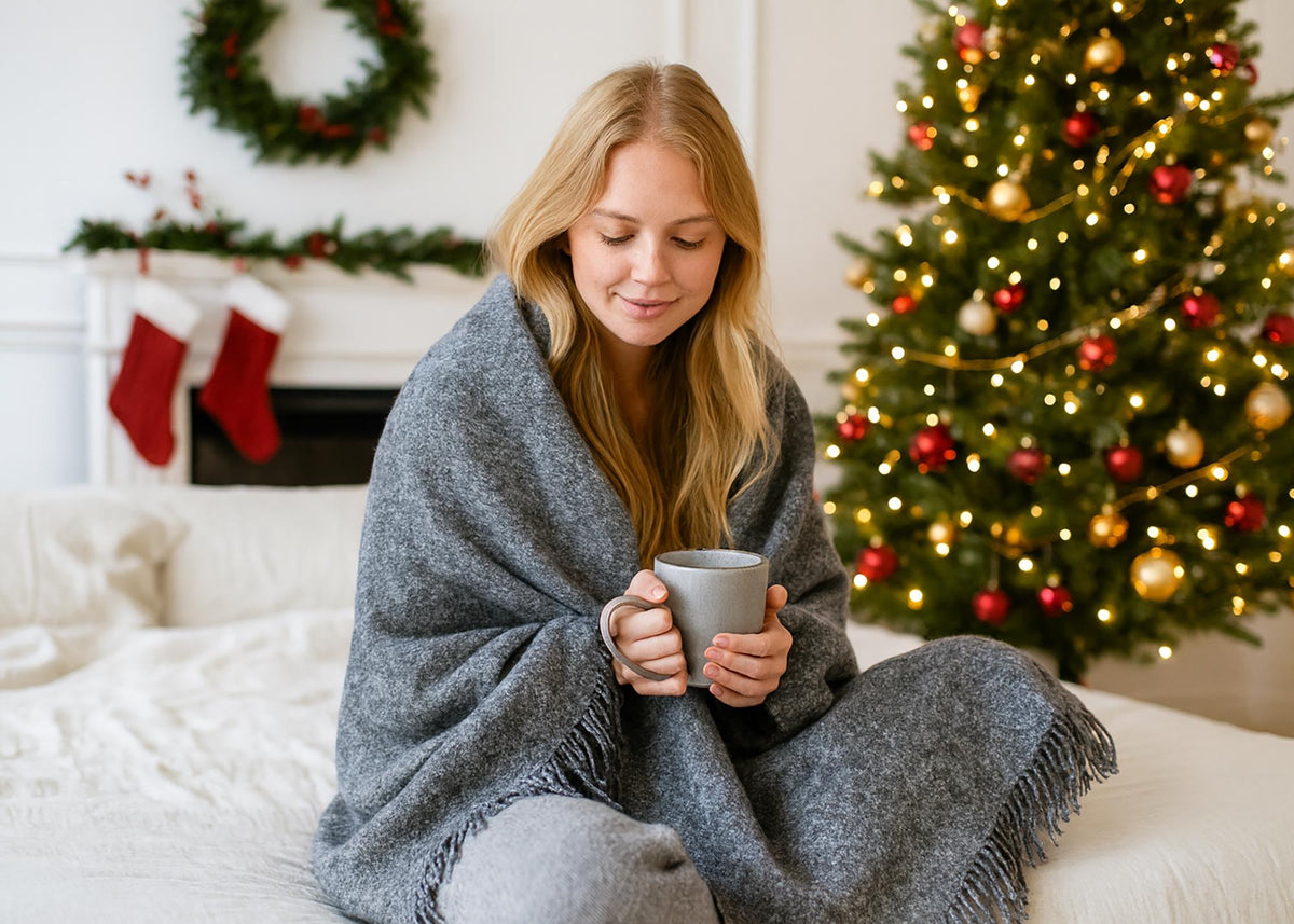 Dark gray plaid merino wool blanket