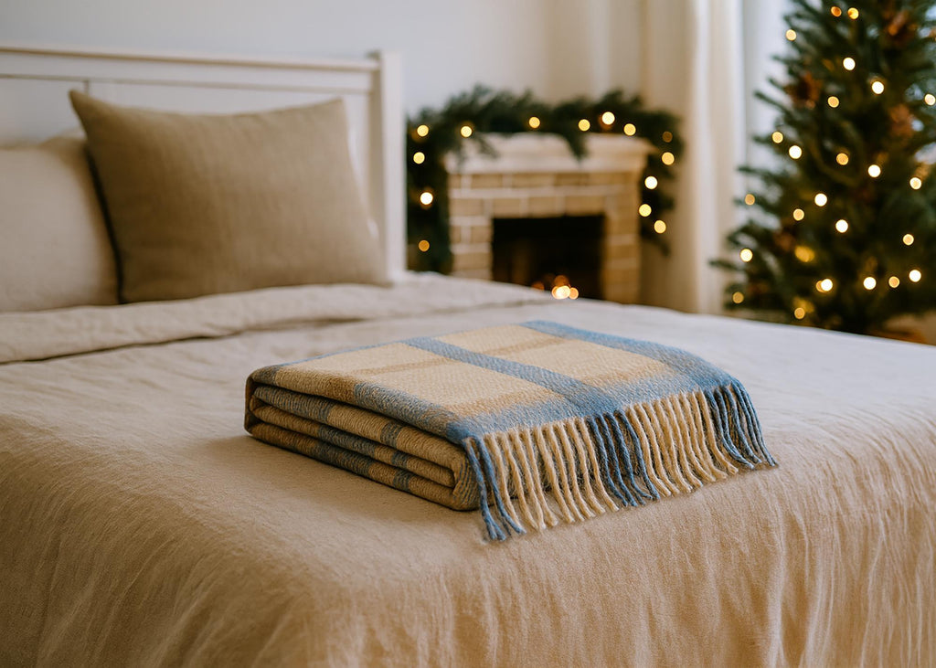 Blue and beige half wool tartan blanket
