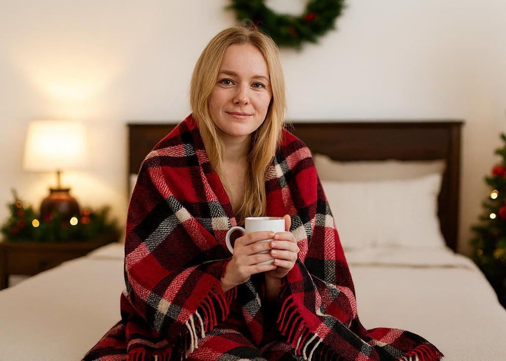 Red and black half wool tartan blanket