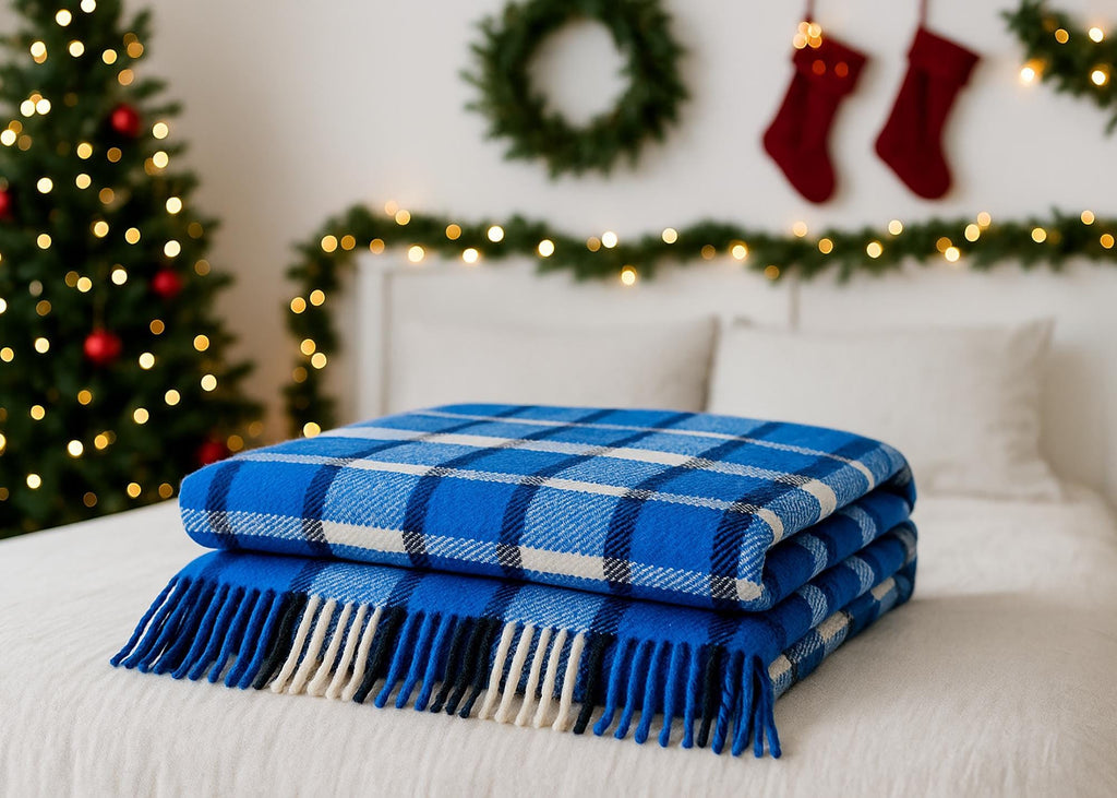 Blue and white half wool tartan blanket