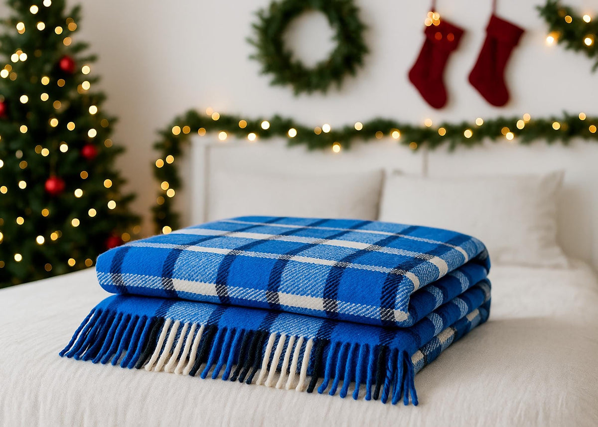Blue and white half wool tartan blanket