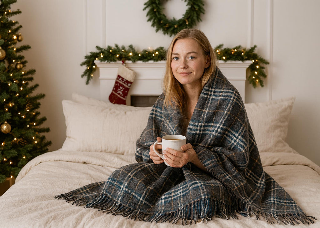 Gray and white half wool tartan blanket