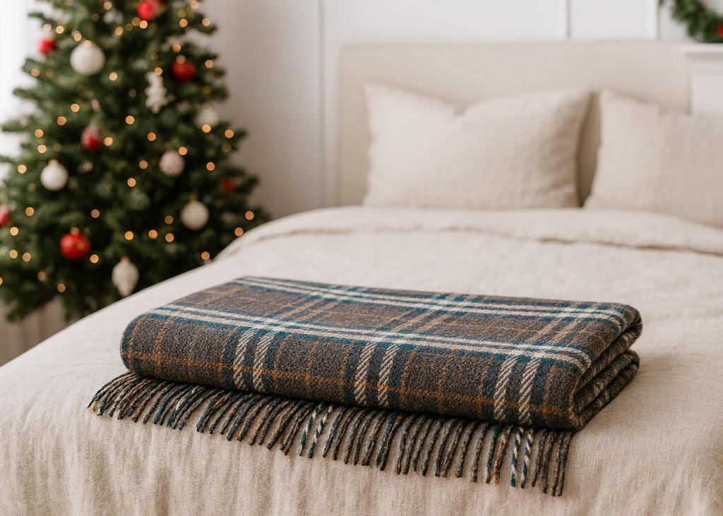 Gray and white half wool tartan blanket