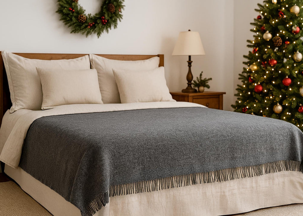 Dark gray plaid merino wool blanket