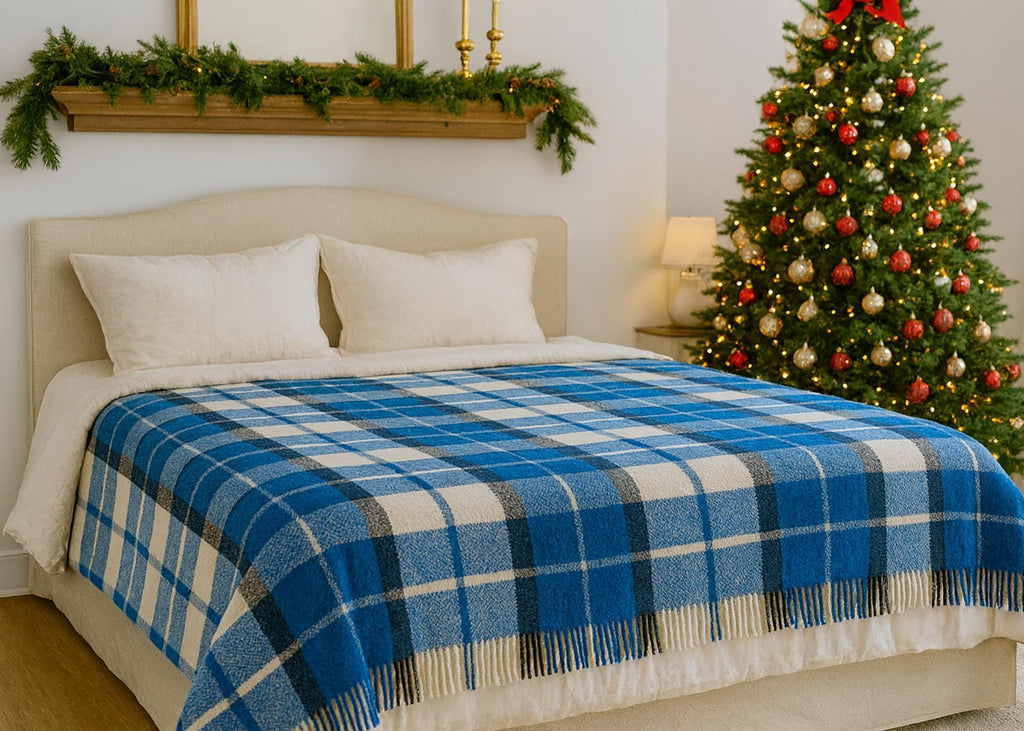 Blue and white half wool tartan blanket