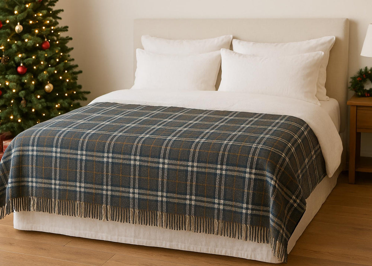 Gray and white half wool tartan blanket