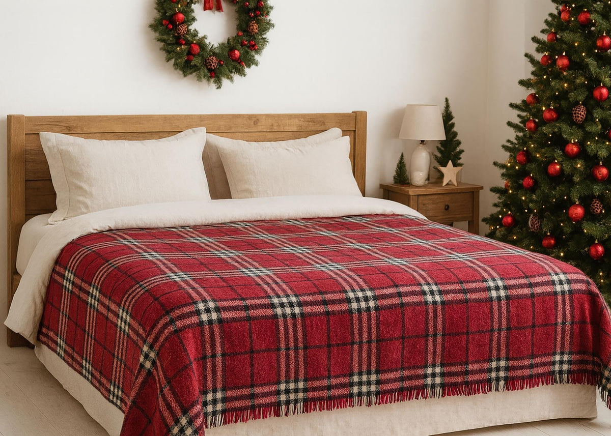 Red and white half wool tartan blanket
