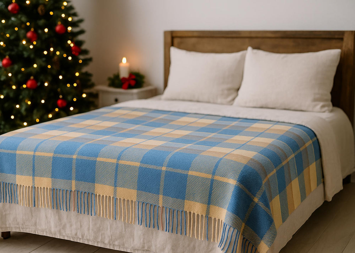 Blue and beige half wool tartan blanket