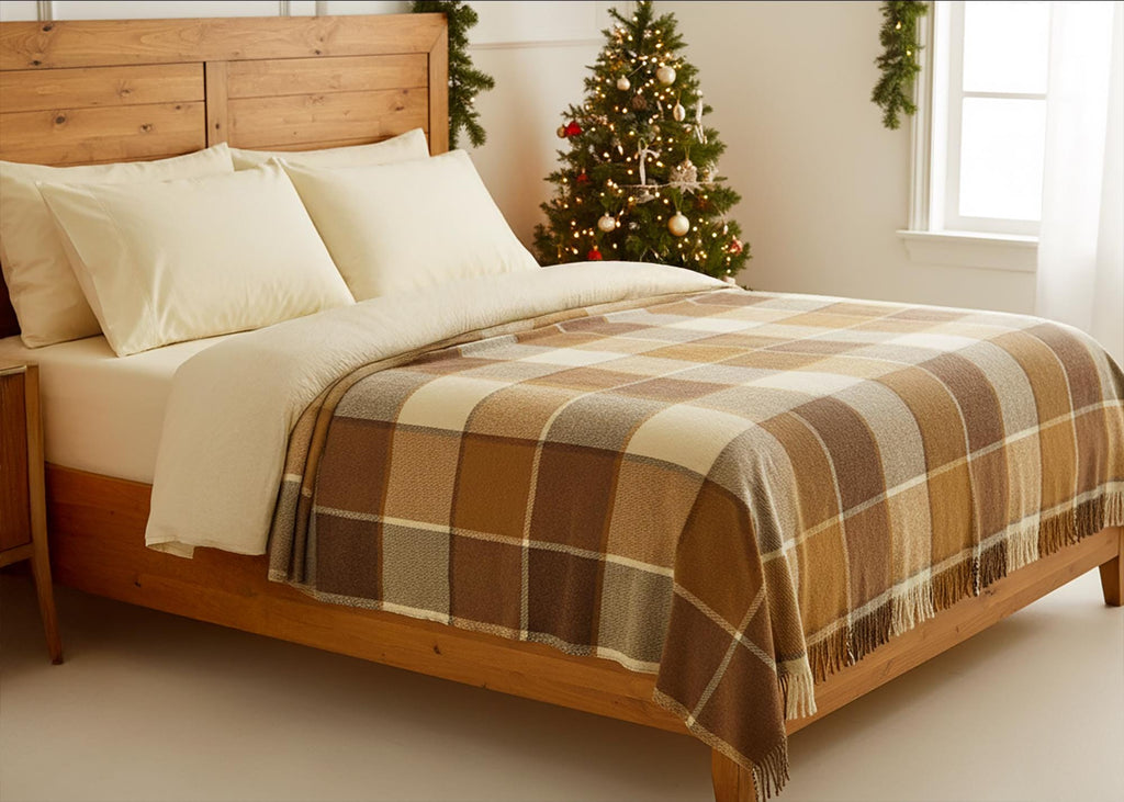 Brown and beige New Zealand wool tartan blanket